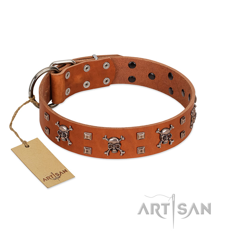 "Rebellious Nature" FDT Artisan Tan Leather Mastiff Collar Embellished with Crossbones and Square Studs